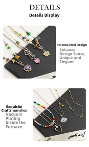 Close-up of colorful beaded necklaces with rainbow clouds and heart charms