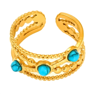 Gold multi-layer stainless steel open ring featuring three blue turquoise accent stones