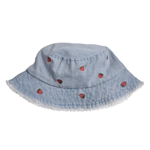 Detail of light blue denim bucket hat with strawberry embroidery and frayed brim