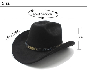 Size chart showing 8cm brim and 12cm height for black suede western cowboy hat