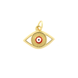 Detailed macro shot of a gold-plated evil eye pendant with enamel and zircon inlay