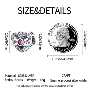 Size comparison and technical details of a 10.7mm S925 silver heart bead with enamel charm