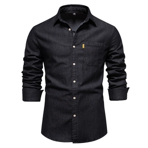 Men's dark denim long-sleeve shirt in charcoal gray with single chest pocket