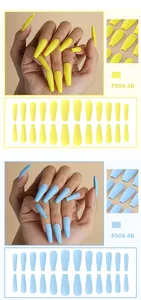 Size guide showing 24 pieces of long matte press-on nails in yellow and blue variants