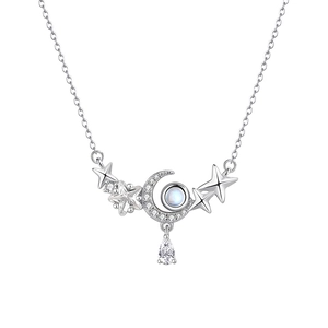 Collier lune et étoile en argent sterling S925 avec pierre de lune et zircon goutte