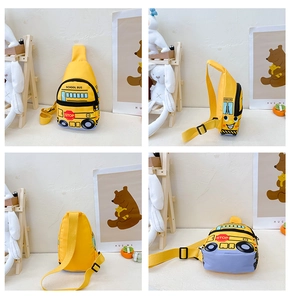 Detail views of yellow school bus chest bag for kids from front, side, and back angles