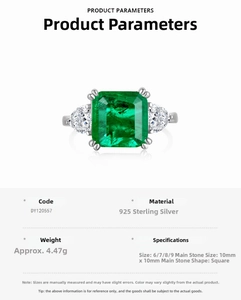 Detail view of square emerald-cut green stone with white side stones on S925 silver ring