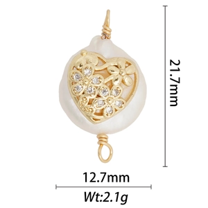 Baroque pearl pendant detail with gold heart flower design and precise measurements
