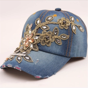 Denim baseball cap with gold flower embroidery and sparkling rhinestones for women