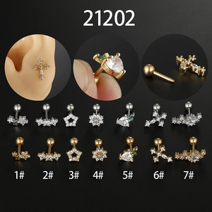 Stainless Steel Cartilage Stud Earrings Zircon Star Heart Cross Flower Shape Screw Ball Back Piercing For Women Men