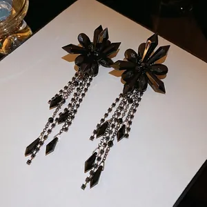 Gothic black flower crystal tassel earrings in dark vintage baroque style for women