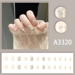 24pcs short milky white gradient press-on nails with champagne gold glitter and gold lines