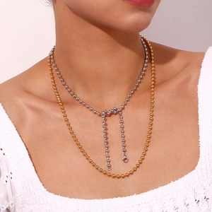Minimalist double layered 18K gold and silver bead chain necklace for women jewelry