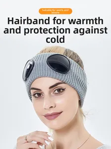 Detail of grey ribbed knit headband featuring integrated goggle lenses for cold protection