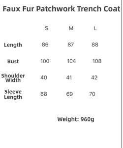Size chart detail for suede faux fur patchwork lapel jacket with precise measurements