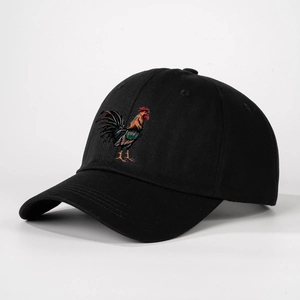 Vintage black cotton baseball cap with colorful rooster embroidery at a 45-degree angle