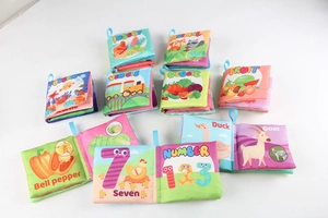 Set of 10 educational baby cloth books with animal and fruit themes and hanging loops