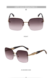 Front and 45-degree side view of oversized gold sunglasses with brown pink gradient lenses