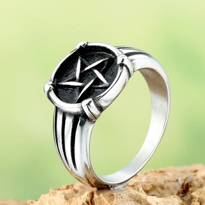 Vintage Men Pentagram Ring Stainless Steel Antique Silver Color Black Oxidized Punk Gothic Hip Hop Jewelry Accessory