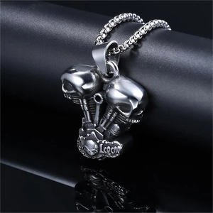 Punk style motorcycle engine pendant necklace with twin skulls and Legend engraving