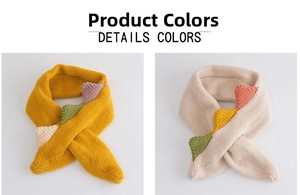 Detail view of toddler knitted scarves in yellow and beige with dinosaur scale accents