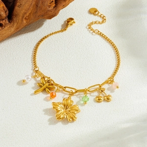Gold-plated cherry flower and dragonfly charm bracelet with colorful pearls for women
