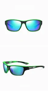 Close-up of polarized cycling sunglasses in black and green with teal mirrored lenses