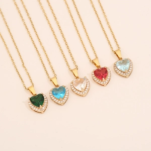 Heart Pendant Necklace Colorful Zircon Micro Set Copper Heart Stainless Steel Chain Elegant Fashionable Clavicle Jewelry For Women