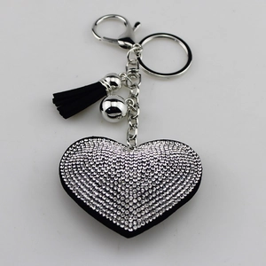 Sparkling silver heart keychain with inlaid rhinestones and elegant black tassel pendant