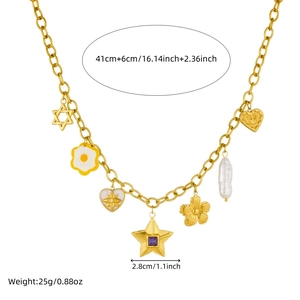 Gold charm necklace with star, pearl, and flower pendants, 41cm plus 6cm adjustable length