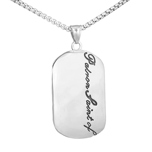 Detail of silver box chain with rectangular pendant engraved with Patron Saint of text