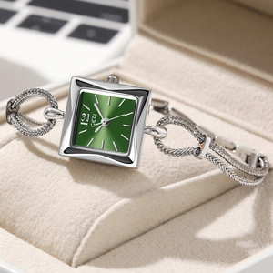 Elegant women's square green dial watch with silver mesh bracelet in a gift box
