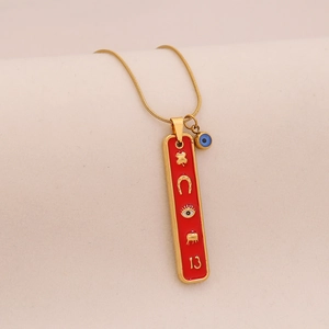 Collier chaîne serpent dorée avec pendentif émail rouge aux motifs œil maléfique et éléphant