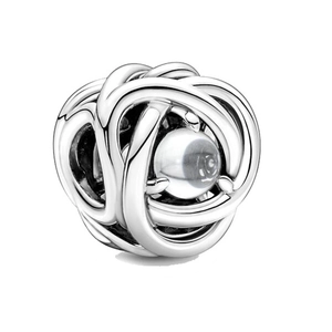 Silver-plated birthstone charm bead with intricate knot design and translucent white stone