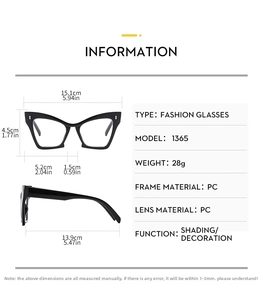 Detailed size chart for oversized cat eye glasses showing frame width and lens height