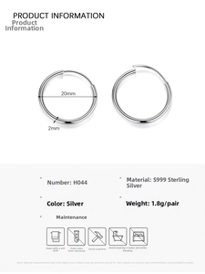 Detailed view of S999 sterling silver hoop earrings with 20mm diameter and 2mm thickness