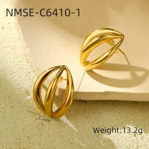 Macro view of 18K gold plated hollow irregular geometric earrings with size specs