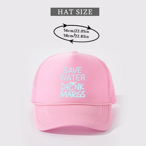 Detailed size guide for pink trucker hat showing adjustable 56cm-58cm head circumference