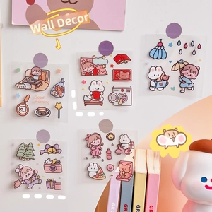 Detail of 5-piece cartoon sticker set with cute characters in pastel macaron colors