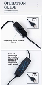 USB dimmer switch guide for amethyst night light showing single and three-color modes