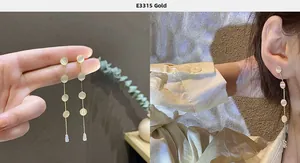 Macro shot and model view of long gold tassel earrings with cat eye stones and rhinestones