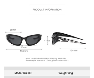 Detailed size specifications for R3080 Y2K cyberpunk sunglasses with silver star motif