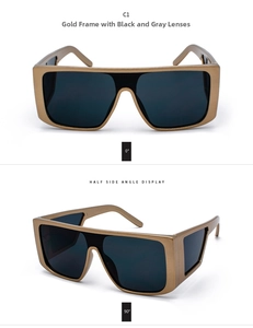 Front and side display of oversized retro gold metal sunglasses with dark grey lenses