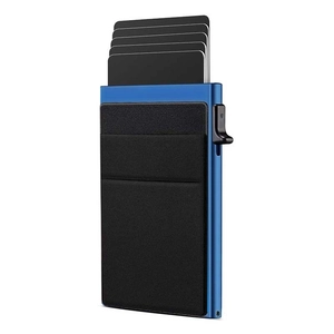 Blue RFID blocking metal card holder with automatic pop-up mechanism and slim design
