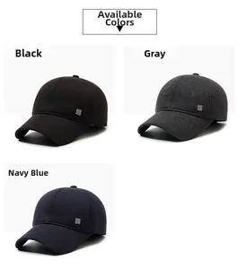 Close-up showing black, grey, and navy blue fleece-lined winter baseball hats for men