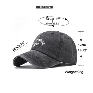 Detailed size chart for washed denim baseball cap with California 1987 embroidery