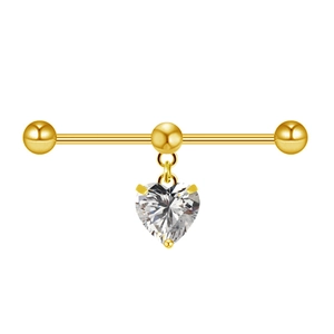 Golden heart-shaped zircon piercing ring with stainless steel barbell and gold beads