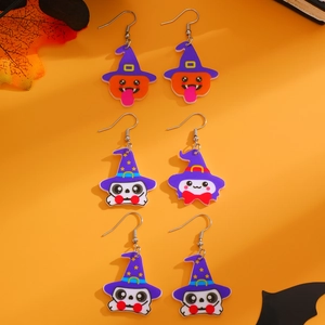 Detailed set of acrylic Halloween earrings with pumpkins, ghosts, and purple wizard hats