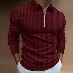 Detailed view of dark red vertical ribbed men's slim fit polo with quarter-zip collar