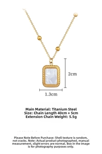 Detailed view of titanium steel necklace with square shell pendant and bead chain specs